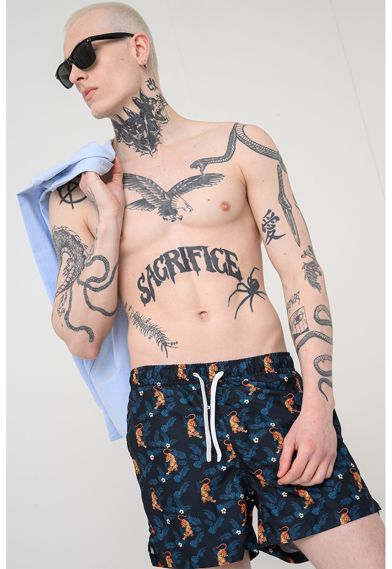 Pantaloni scurti de baie cu buzunar cu refilet pe partea din spate - Portocaliu/Bleumarin