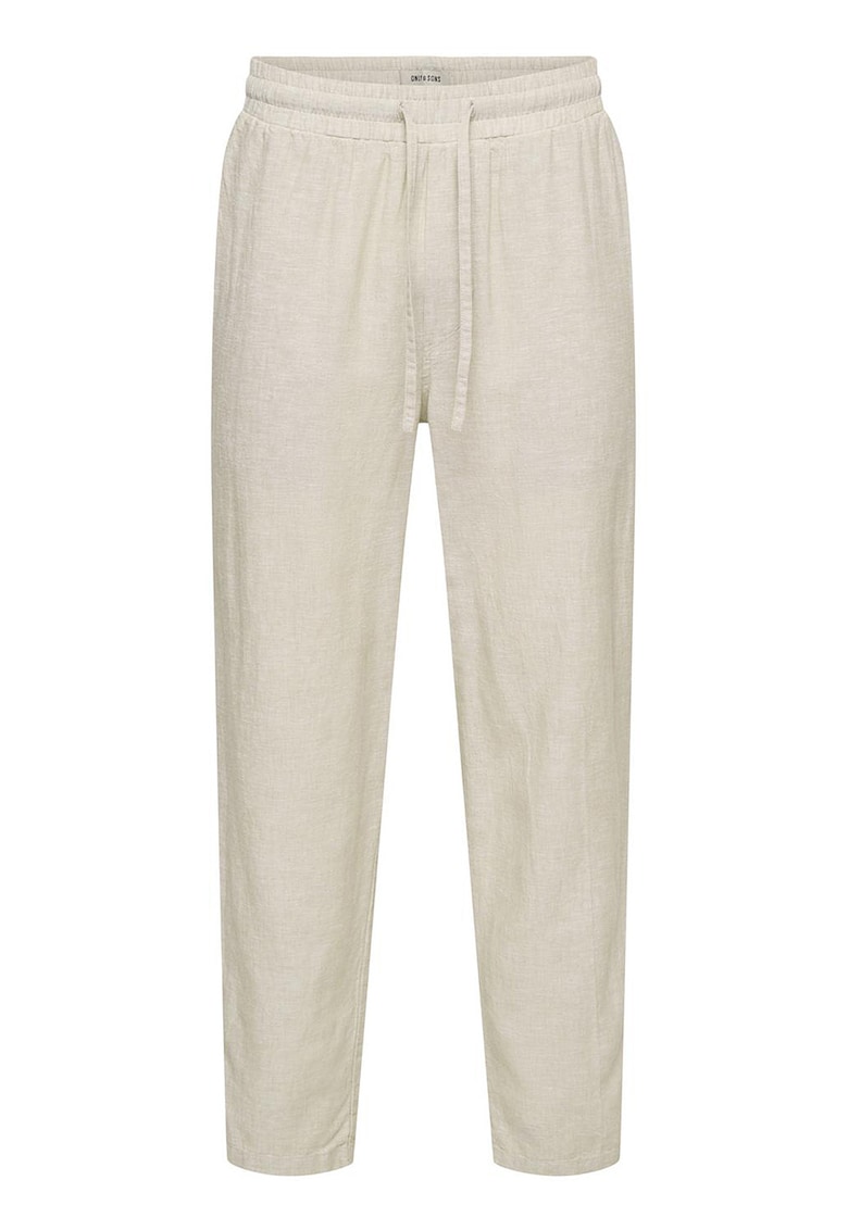 Pantaloni din amestec de in cu croiala conica si snur de ajustare in talie - Crem