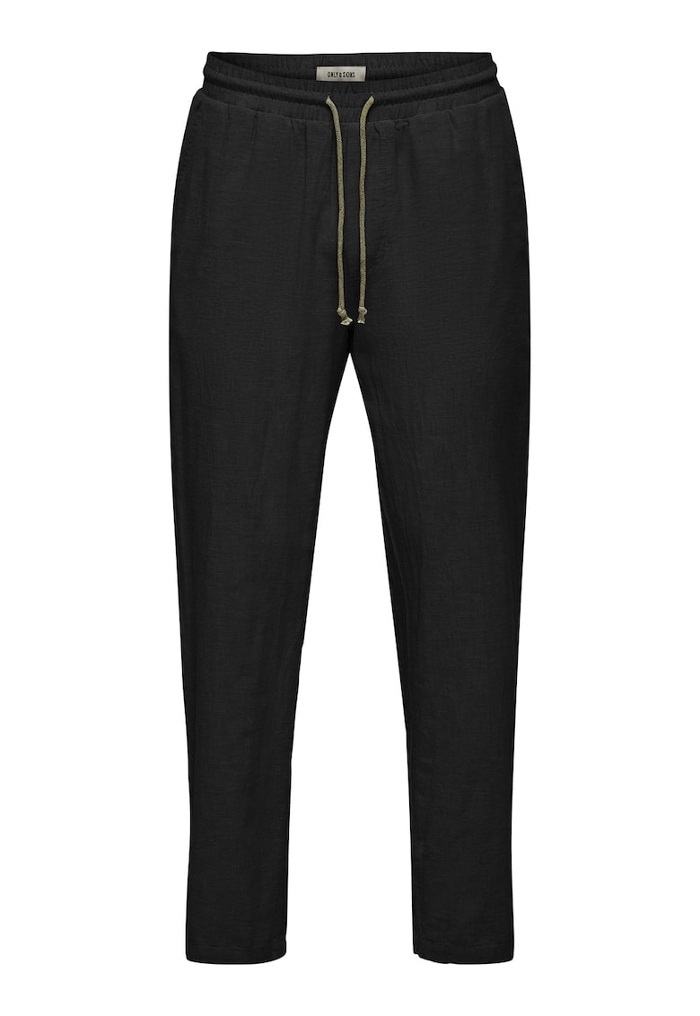 Pantaloni din amestec de in cu croiala conica si snur de ajustare in talie - Negru