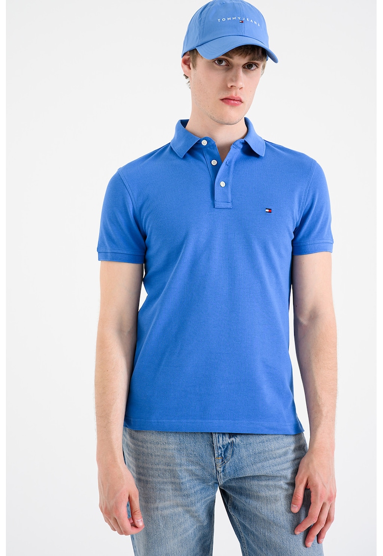 Tricou polo slim fit din amestec de bumbac organic 1985 - Albastru cobalt