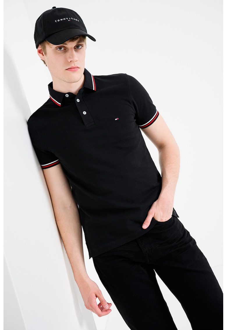 Tricou polo slim fit cu garnituri contrastante - Negru