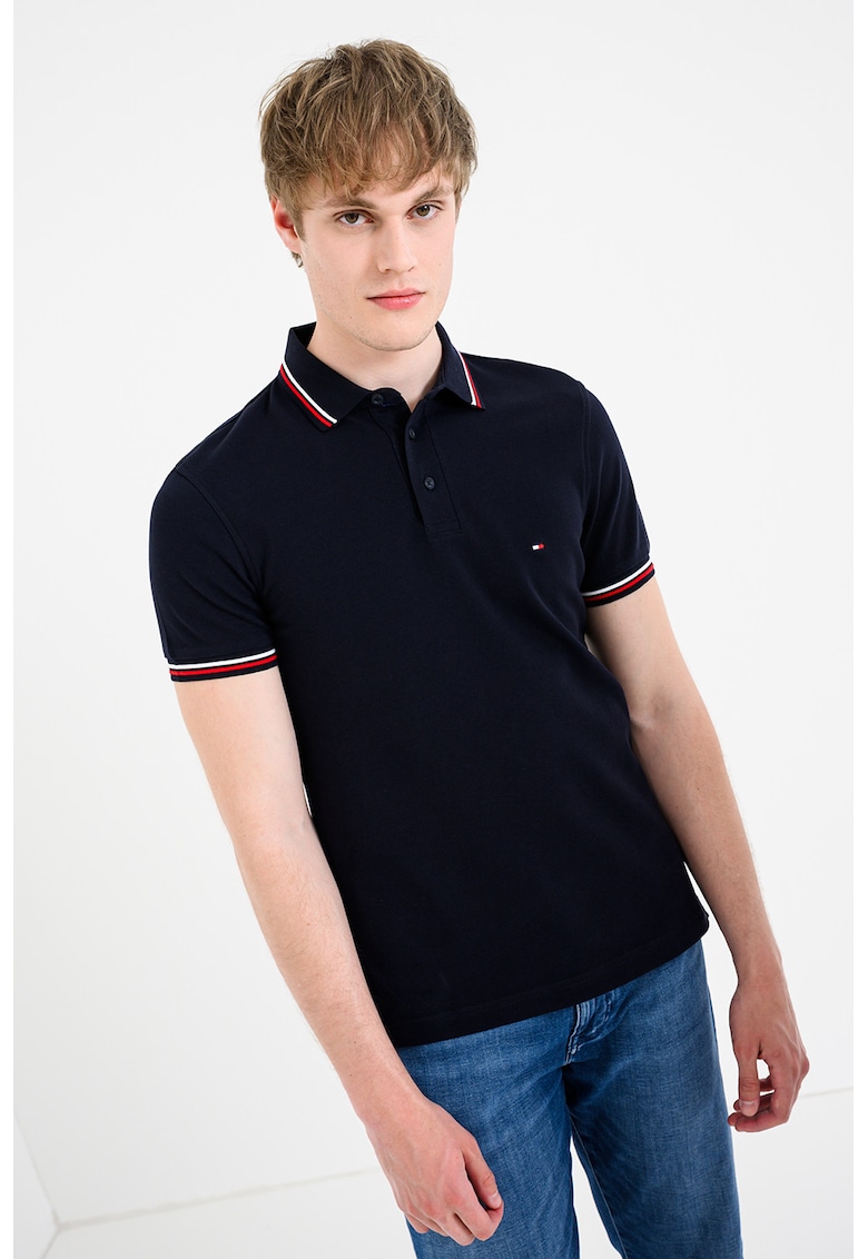 Tricou polo slim fit cu garnituri contrastante - Albastru ultramarin