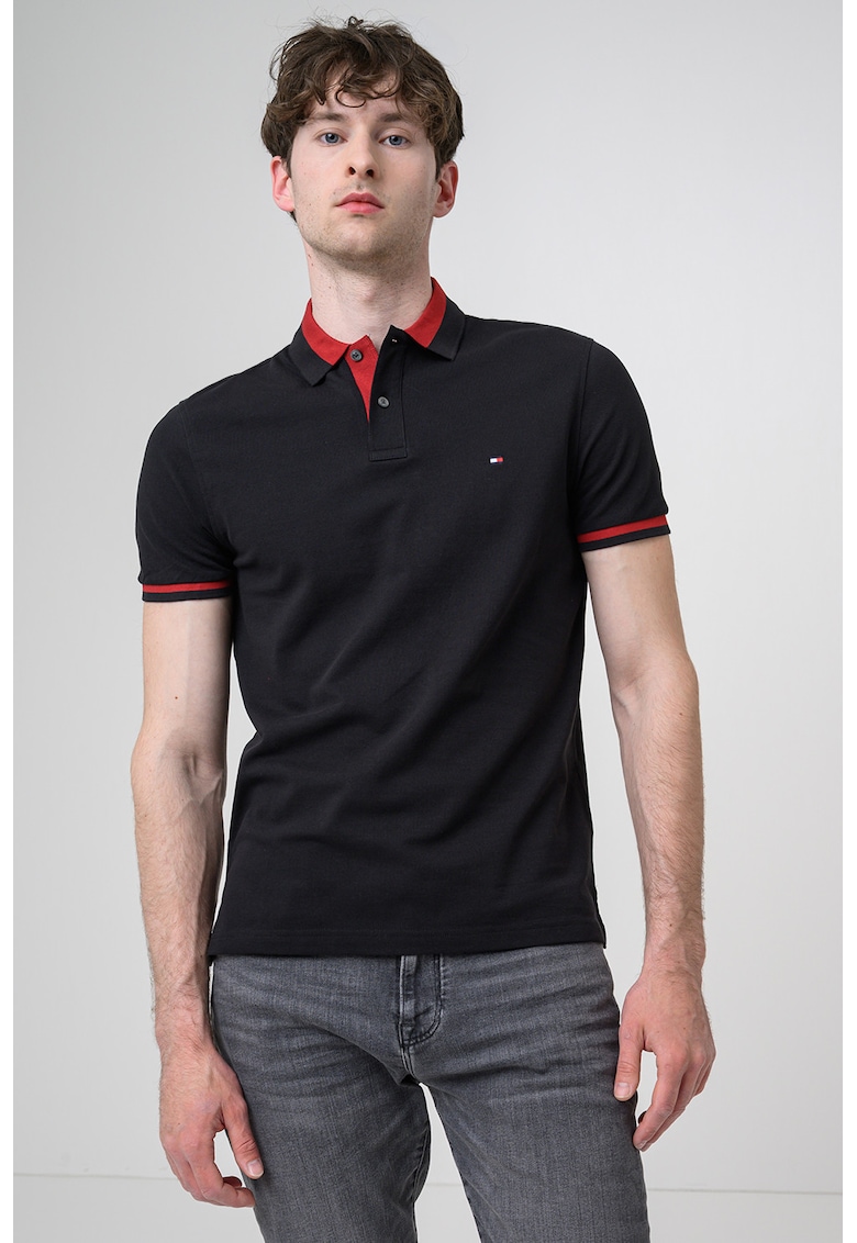 Tricou regular-fit cu guler polo - din amestec de bumbac organic - Negru
