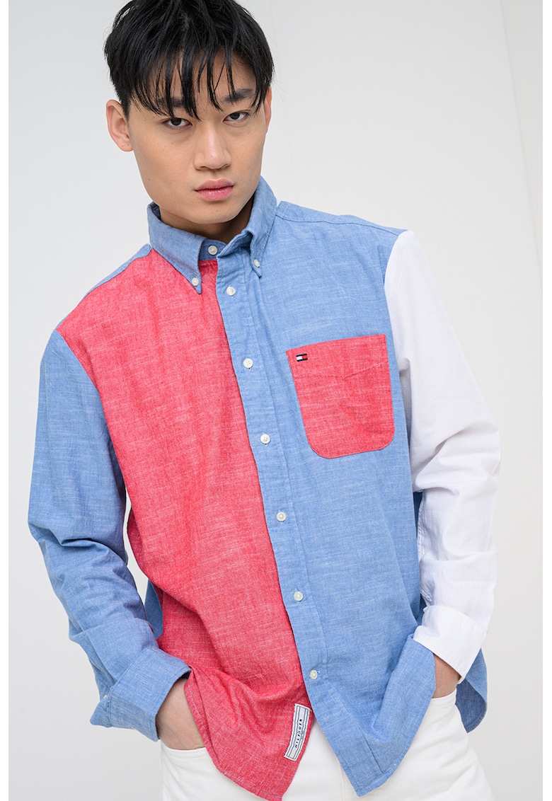 Camasa supradimensionata cu model colorblock - Rosu/Albastru