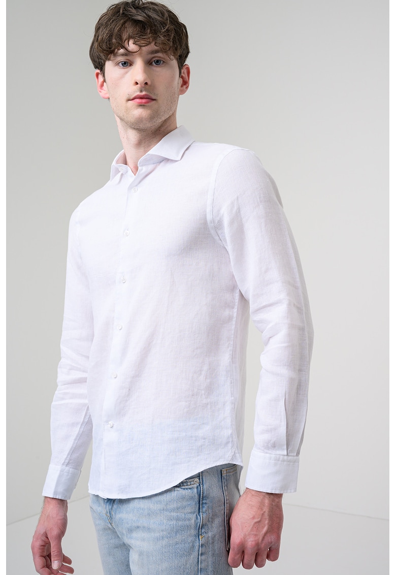 Camasa slim fit din in cu mansete cu nasturi - Alb