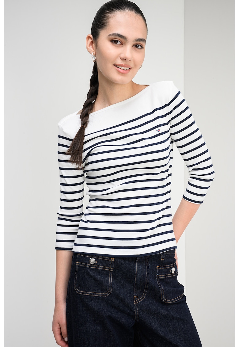 Bluza slim-fit de bumbac cu maneci trei sferturi - Albastru ultramarin/Alb murdar