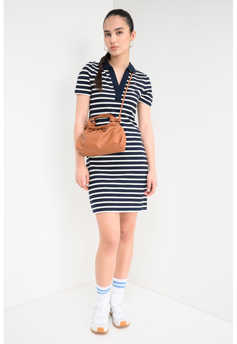 Rochie mini cambrata cu guler polo - Alb/Bleumarin