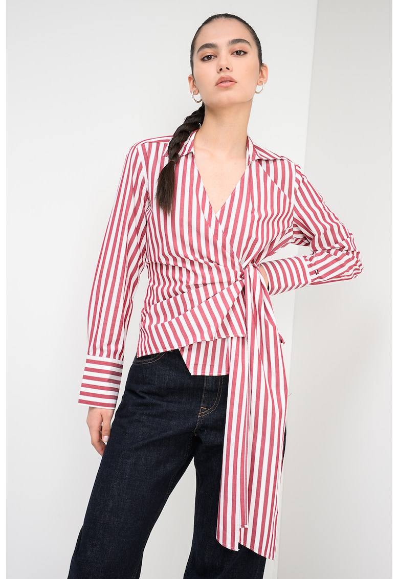 Camasa slim fit in dungi cu detaliu drapat - Alb/Rosu prafuit