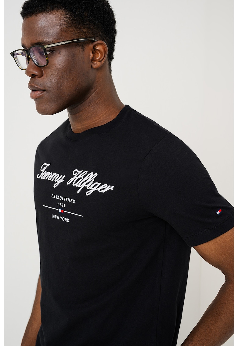 Tricou cu decolteu la baza gatului cu logo - Alb/Negru