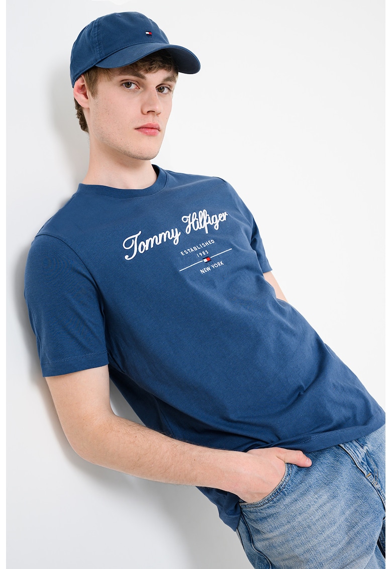 Tricou cu decolteu la baza gatului cu logo - Alb/Albastru prafuit