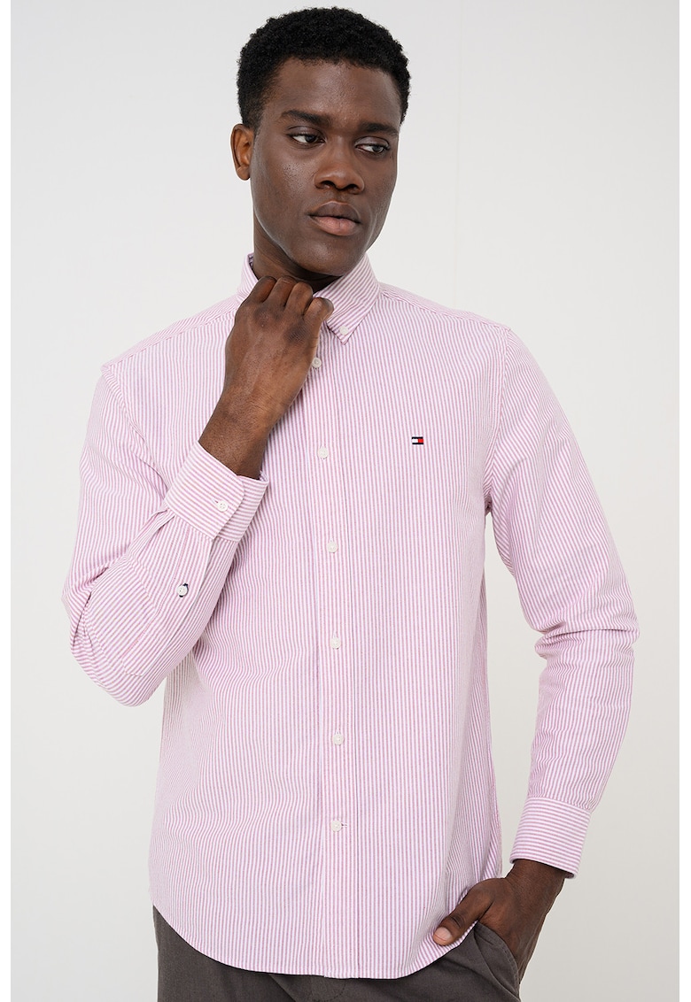 Camasa Oxford regular fit cu model in dungi Heritage - Alb/Rosu stins