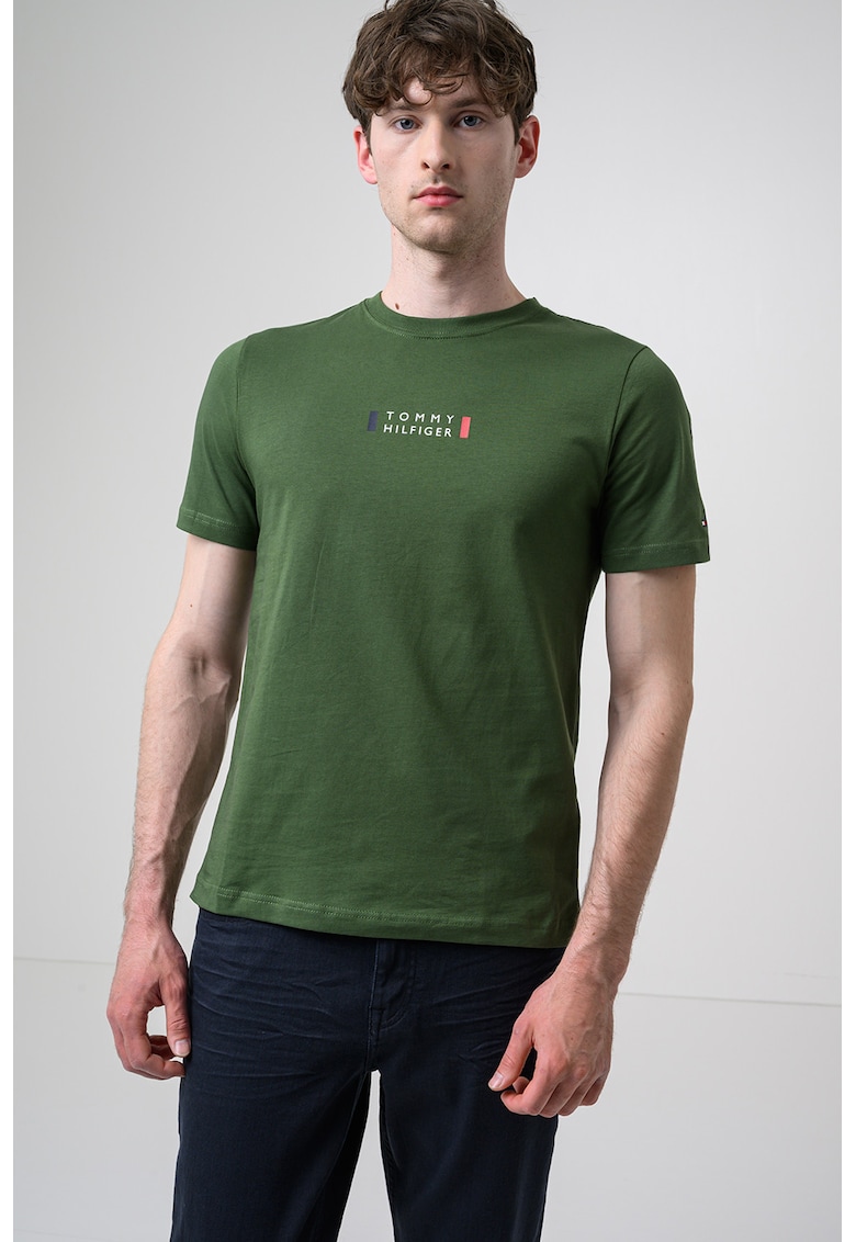 Tricou regular fit cu imprimeu logo discret - Verde padure