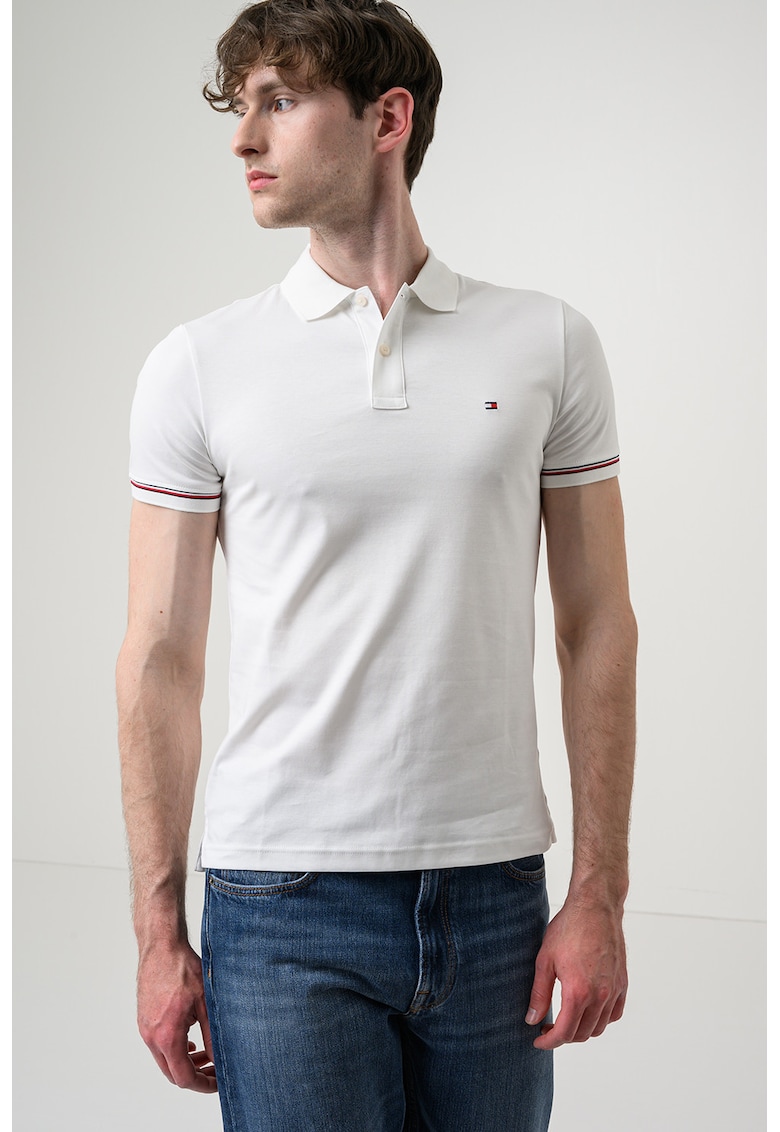 Tricou polo slim fit cu logo brodat - Alb murdar