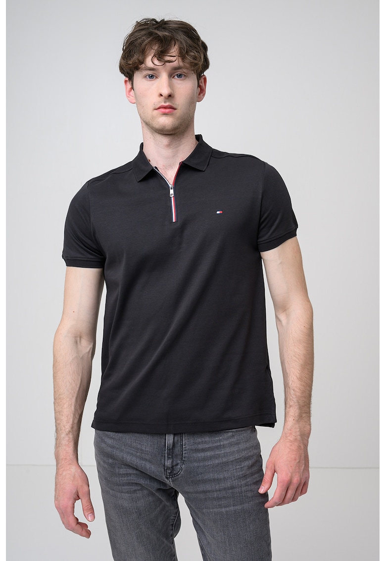 Tricou polo regular fit cu fenta cu fermoar - Negru