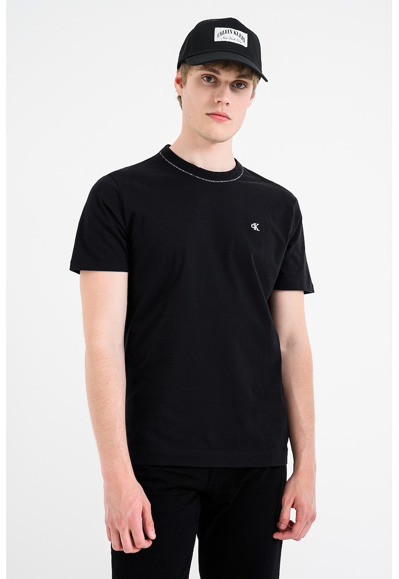 Tricou de bumbac cu decolteu la baza gatului - Negru