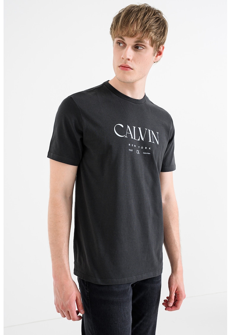 Tricou de bumbac cu logo - Albastru deschis/Gri inchis