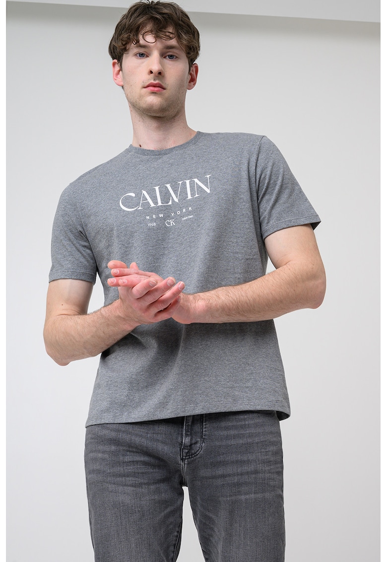 Tricou de bumbac cu logo - Alb/Gri melange