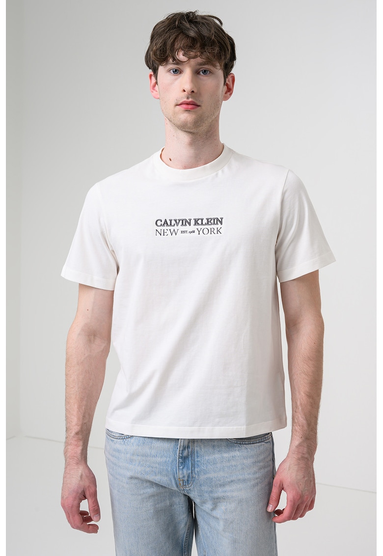 Tricou de bumbac cu logo brodat - Alb fildes/Gri inchis