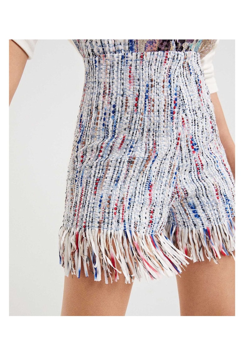 Pantaloni scurti de tweed cu franjuri si talie inalta -
