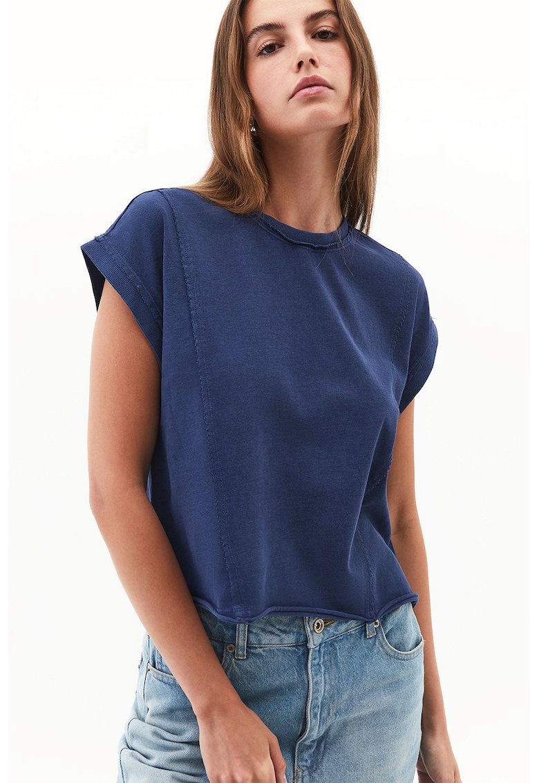 Tricou de bumbac cu decolteu la baza gatului - Albastru inchis