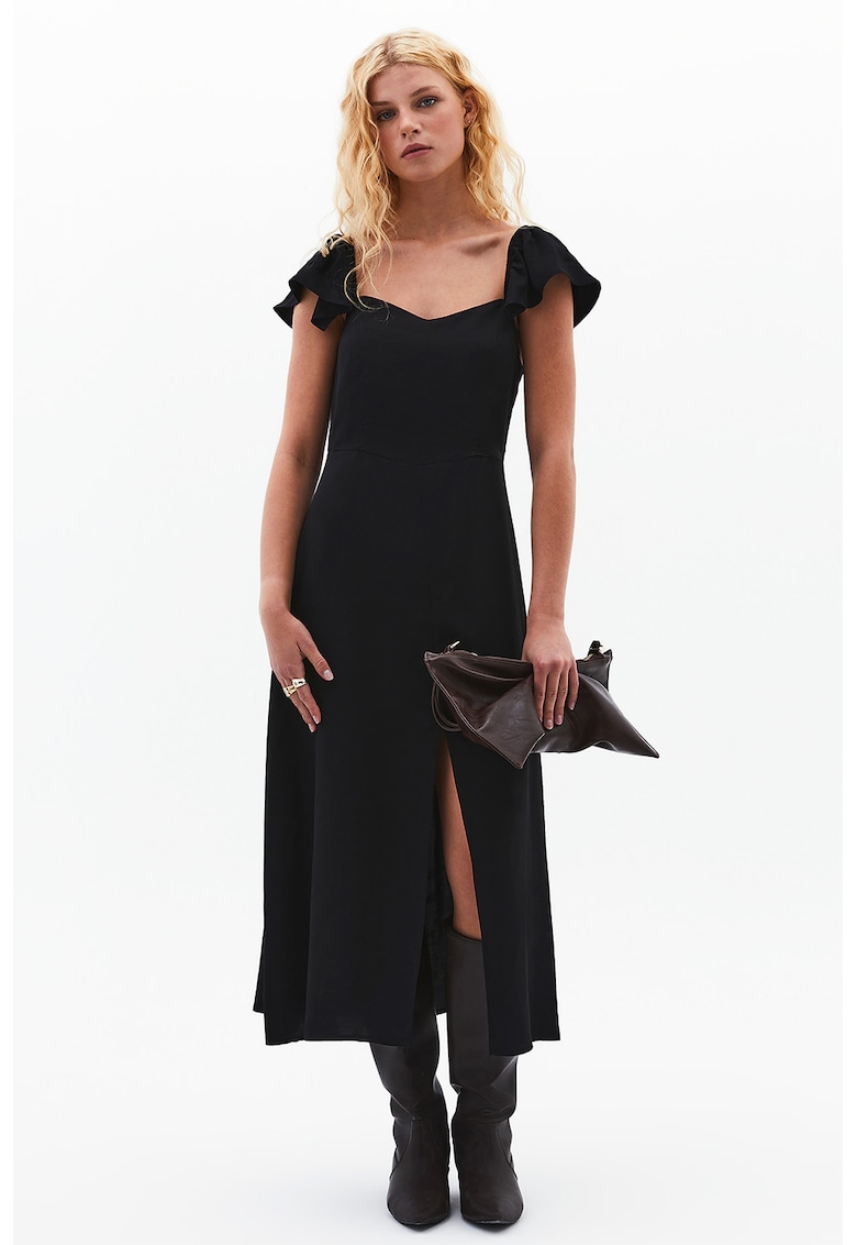 Rochie midi cu model uni si croiala evazata - Negru