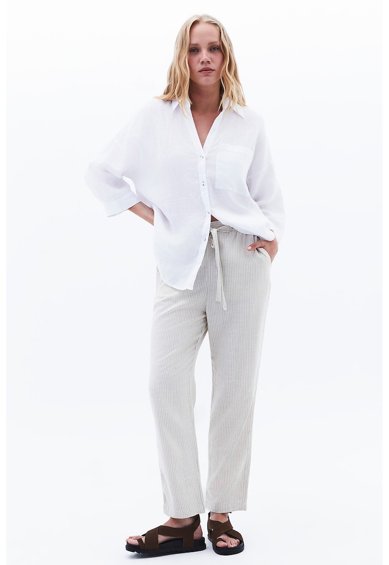 Pantaloni drepti din amestec de in cu model in dungi - Negru/Alb murdar