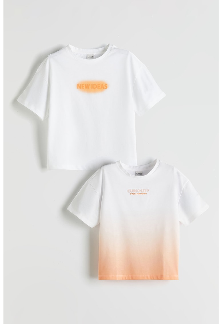 Set de tricouri cu decolteu la baza gatului si imprimeu text - 2 piese - Portocaliu mandarina/Alb optic