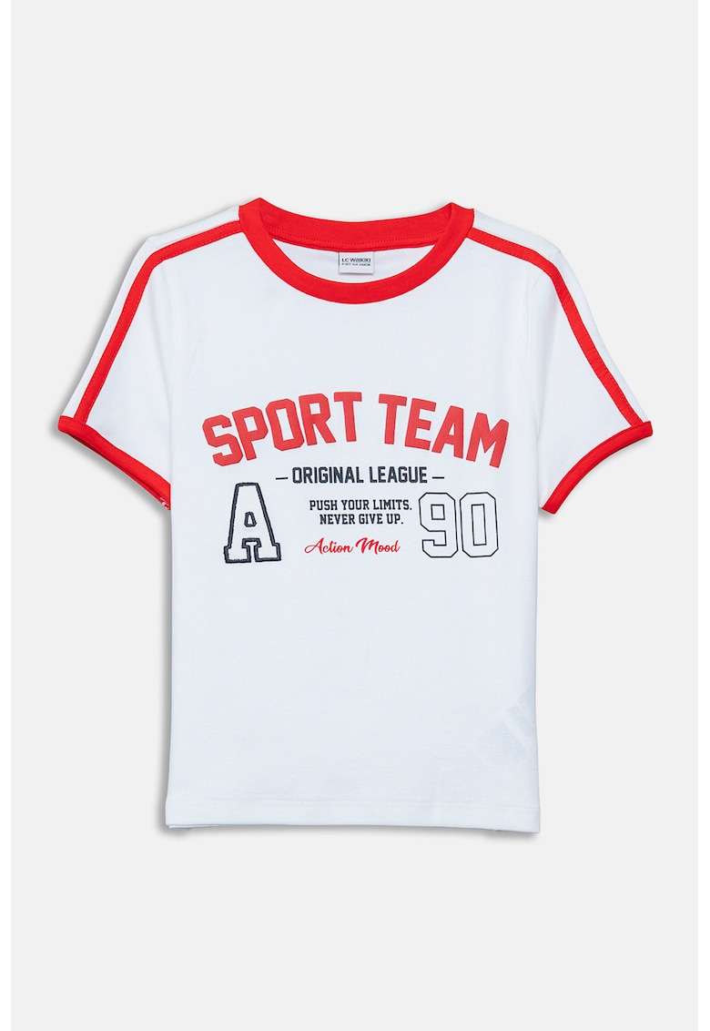 Tricou cu decolteu la baza gatului si imprimeu text - Rosu/Negru stins/Alb optic