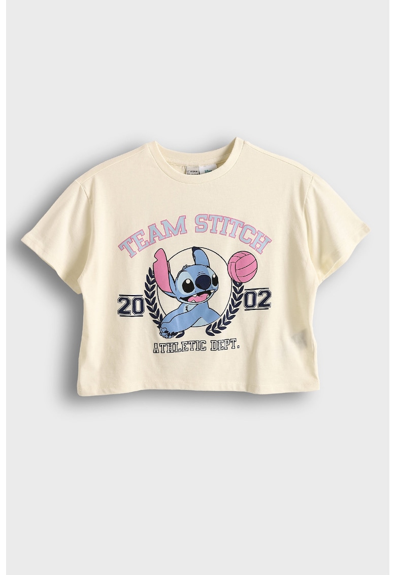 Tricou crop cu imprimeu Stitch - Albastru inchis/Galben pal/Roz prafuit