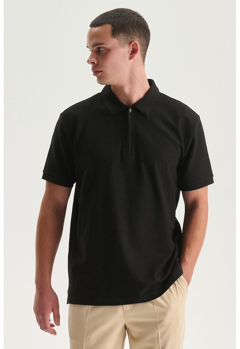 Tricou polo regular fit cu fermoar scurt - Negru