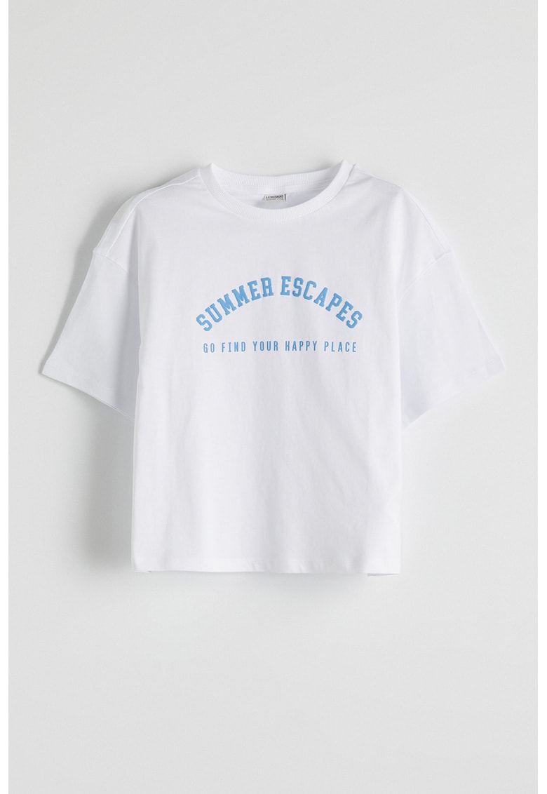 Tricou cu decolteu la baza gatului si imprimeu text - Albastru pastel/Alb optic