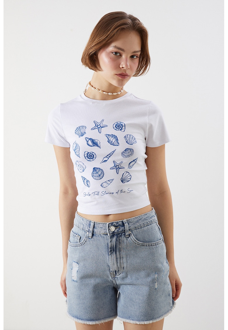 Top crop cu imprimeu - Albastru pastel/Alb optic