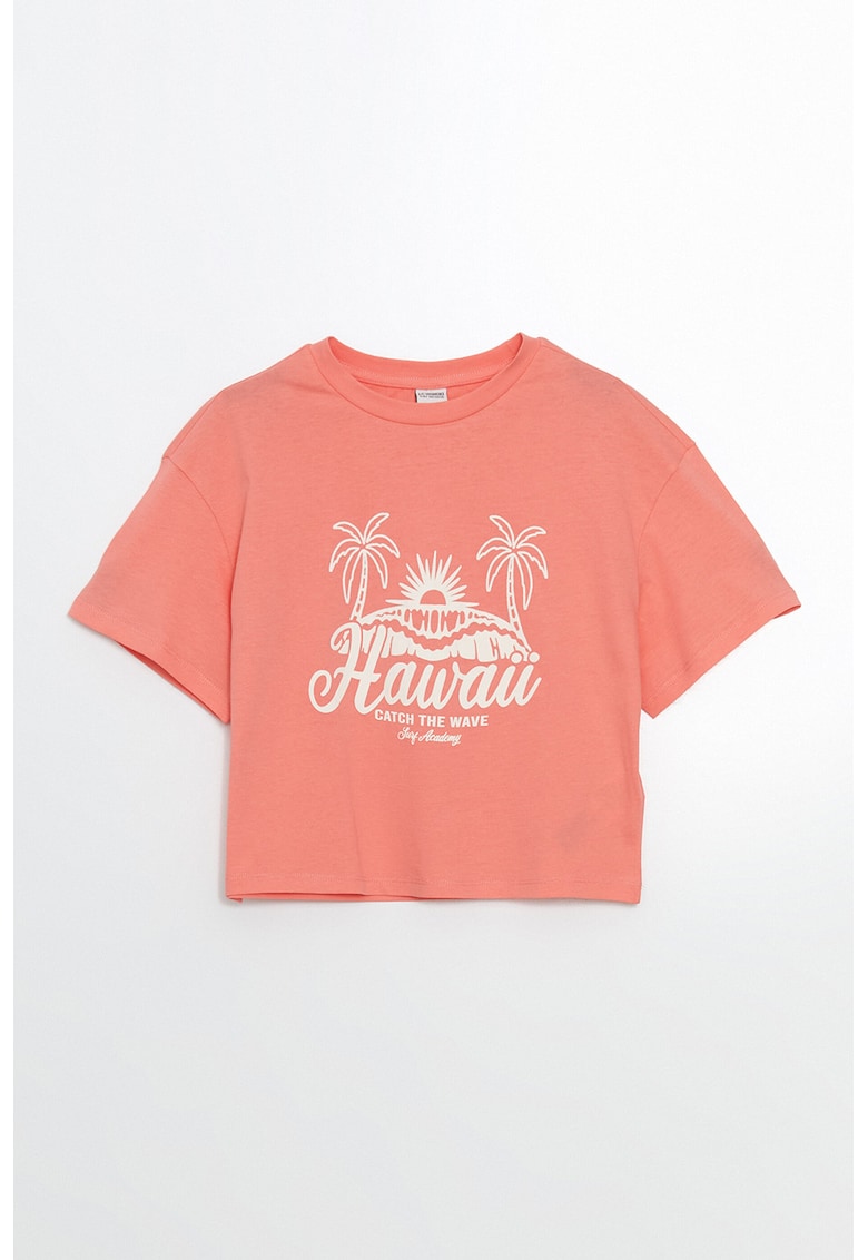 Tricou din bumbac cu imprimeu text si tropical - Piersica