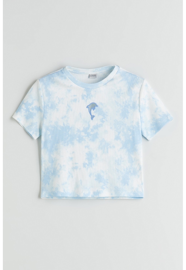 Tricou crop din amestec de bumbac cu model tie-dye - Albastru pastel/Alb optic