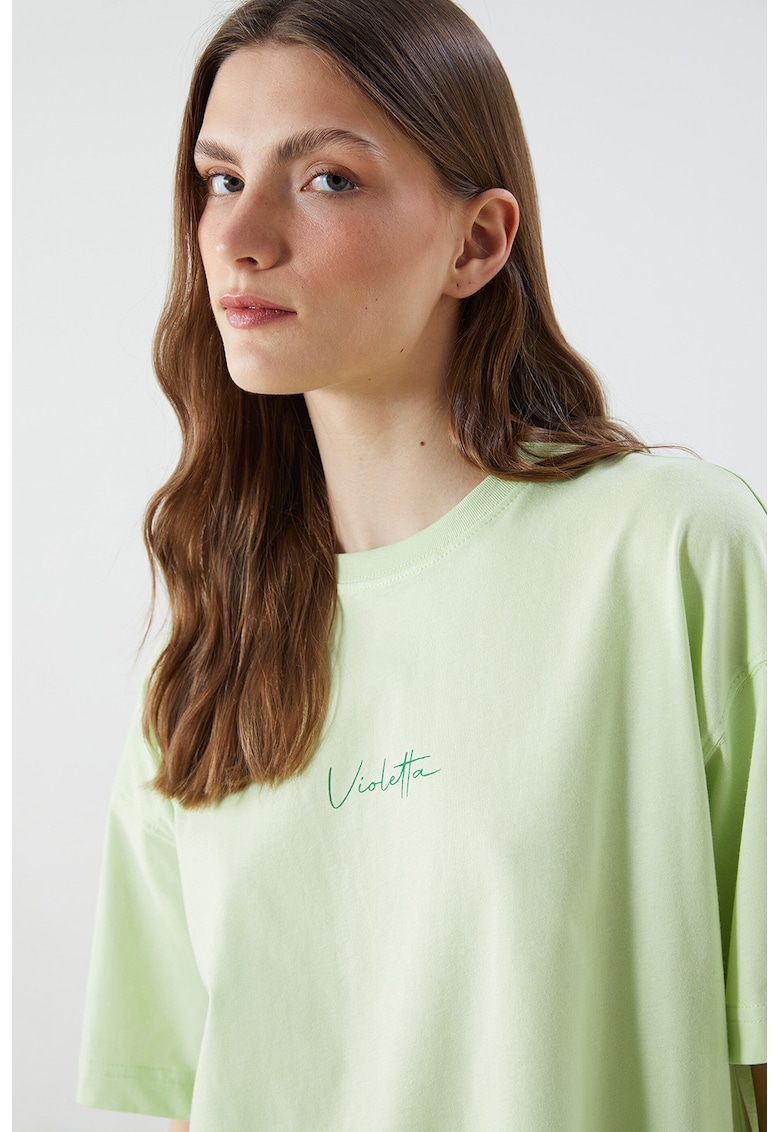 Tricou supradimensionat din bumbac cu imprimeu text discret - Verde pal