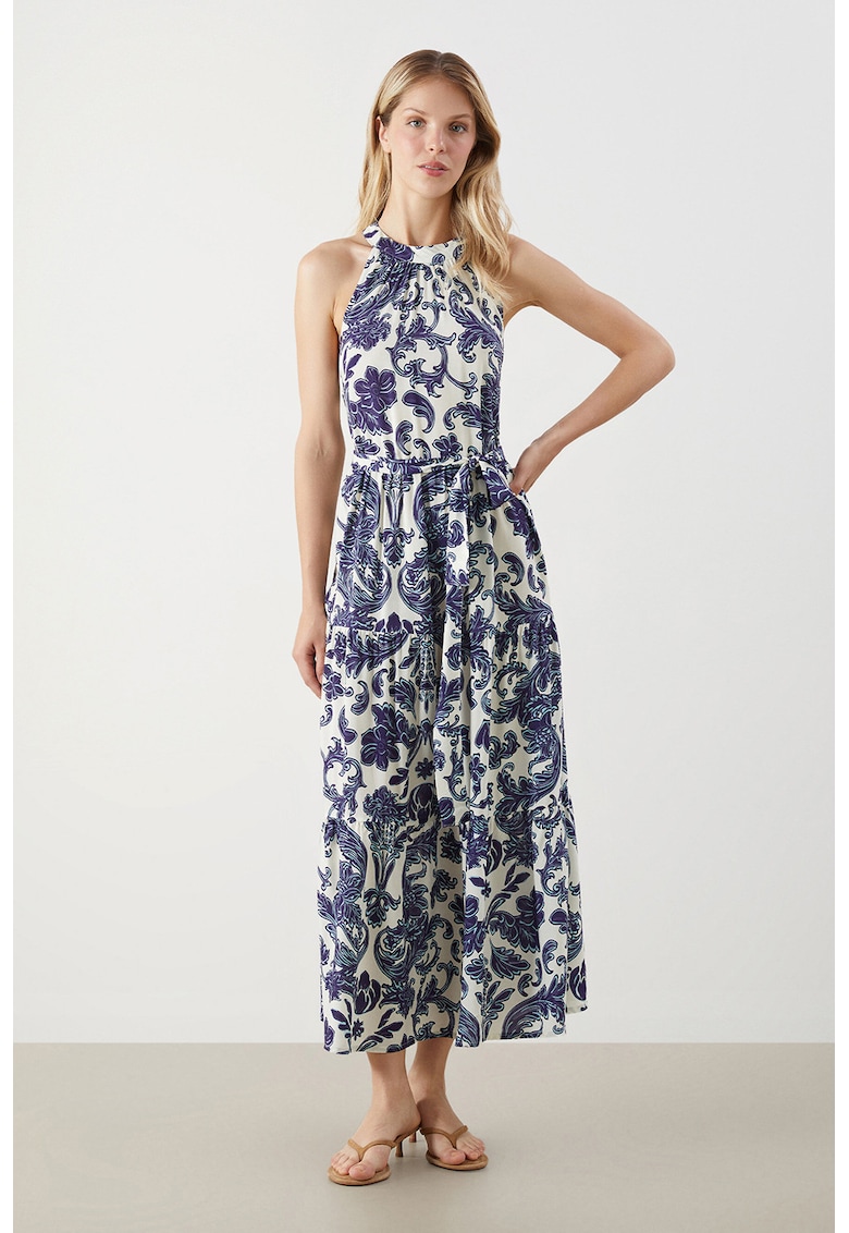 Rochie midi cu decolteu halter - Albastru inchis/Alb optic