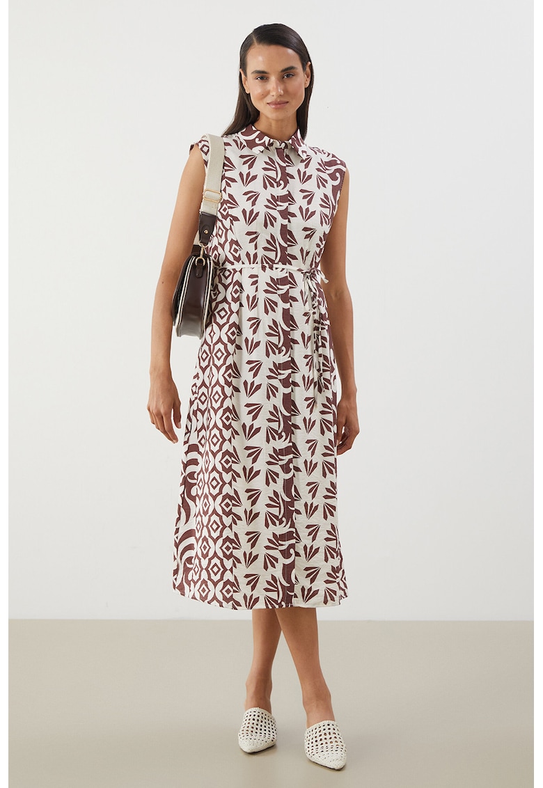 Rochie-camasa midi cu guler clasic - Caramiziu/Alb murdar