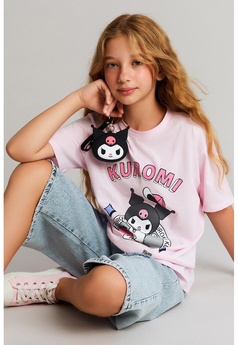 Tricou lejer cu imprimeu Kuromi - Gri deschis/Roz pastel