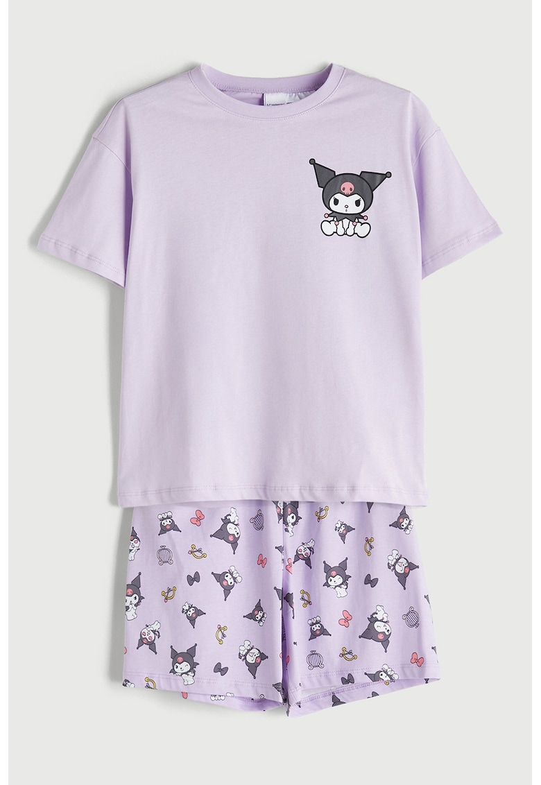 Pijama cu pantaloni scurti si imprimeu grafic - Gri carbune/Lila/Roz