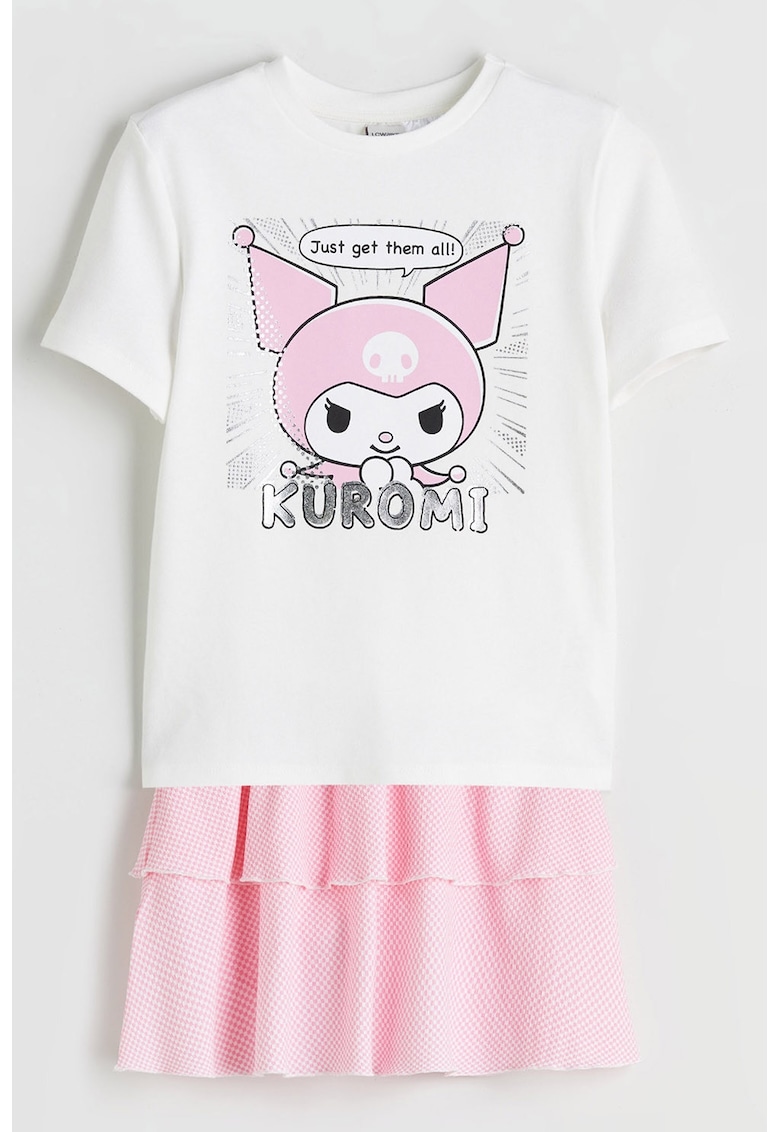Set de fusta si tricou cu imprimeu - Alb/Roz pal