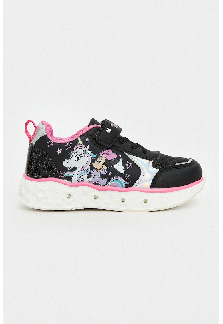 Pantofi sport cu imprimeu Minnie Mouse - segmente stralucitoare si lumini - Negru/Lila/Roz