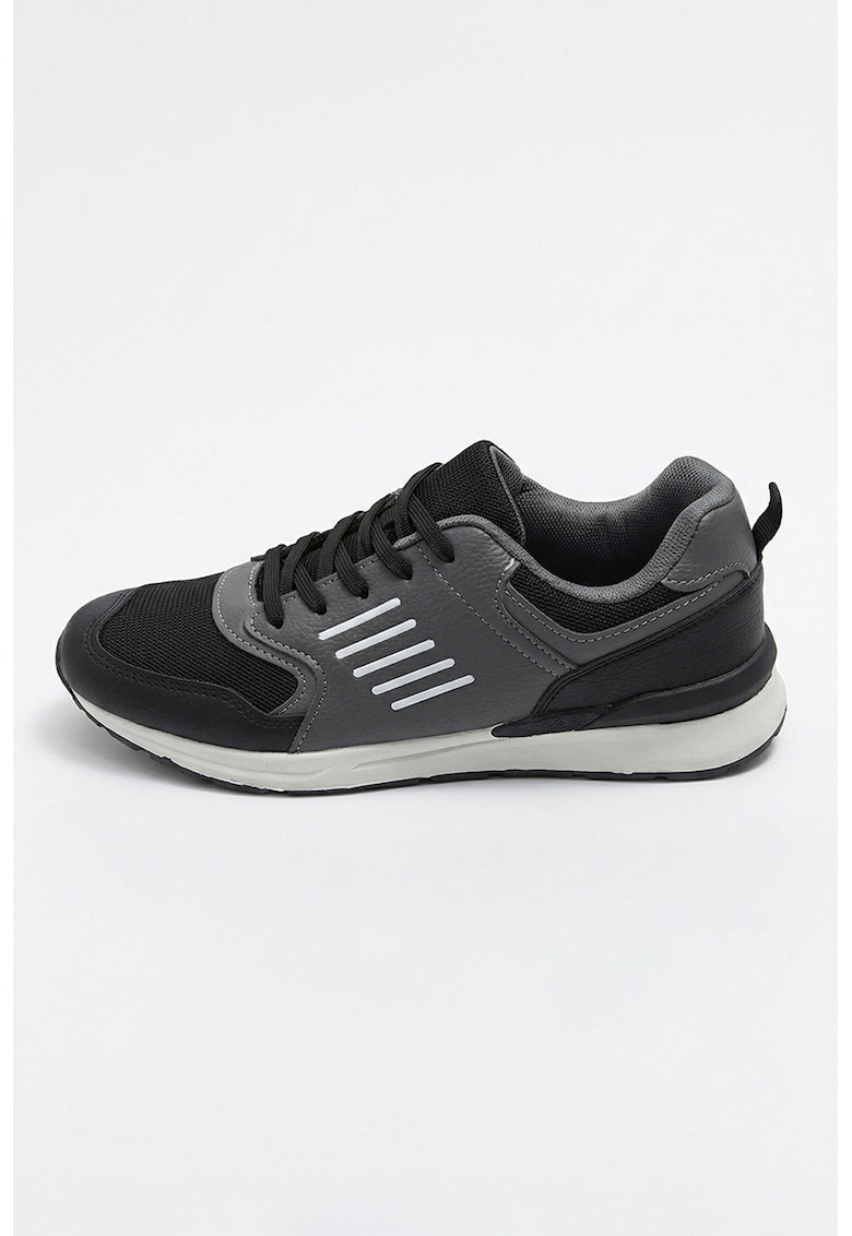 Pantofi sport cu segmente din piele ecologica - Negru/Gri inchis