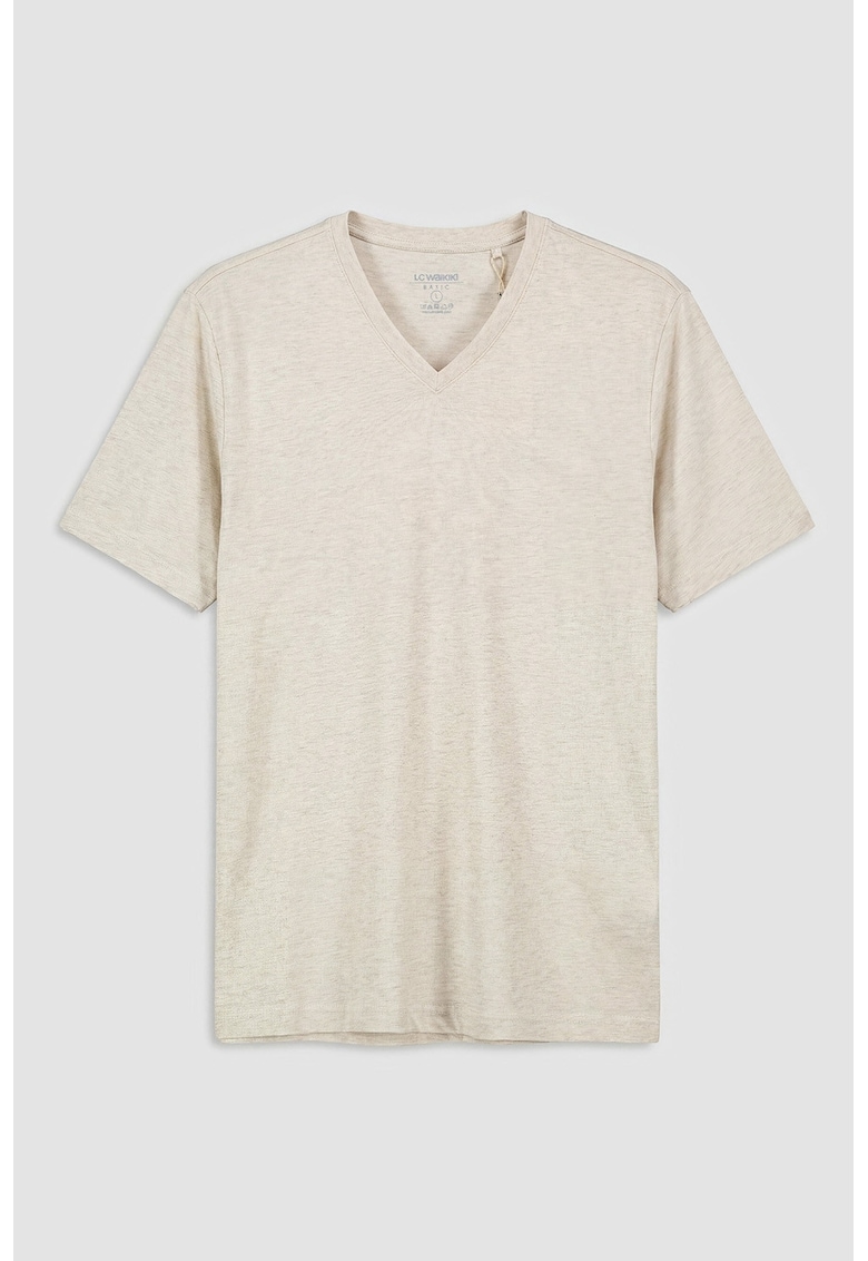 Tricou regular-fit cu decolteu in V si model uni - Bej melange