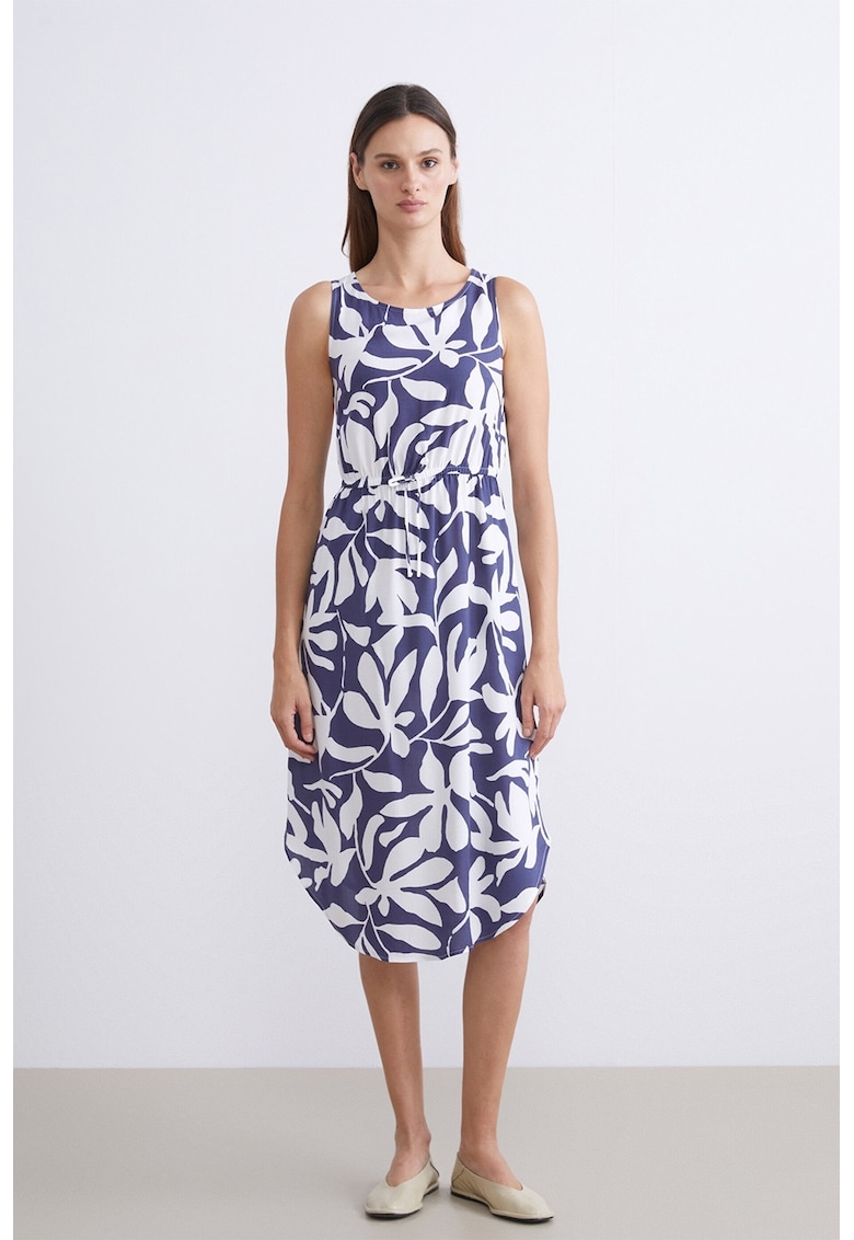 Rochie midi cu talie elastica - Alb/Albastru indigo