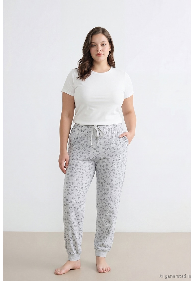 Pantaloni de pijama din amestec de bumbac cu imprimeu - Gri deschis melange/Gri inchis