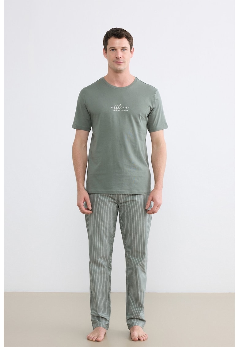 Pijama din bumbac cu pantaloni lungi cu model in dungi - Verde feriga