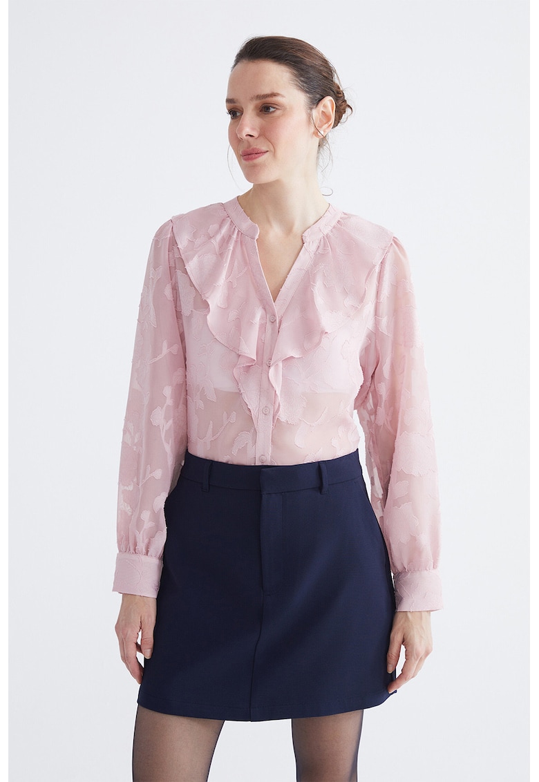 Bluza-tunica semi-transparenta cu insertie cu volan - Roz pastel