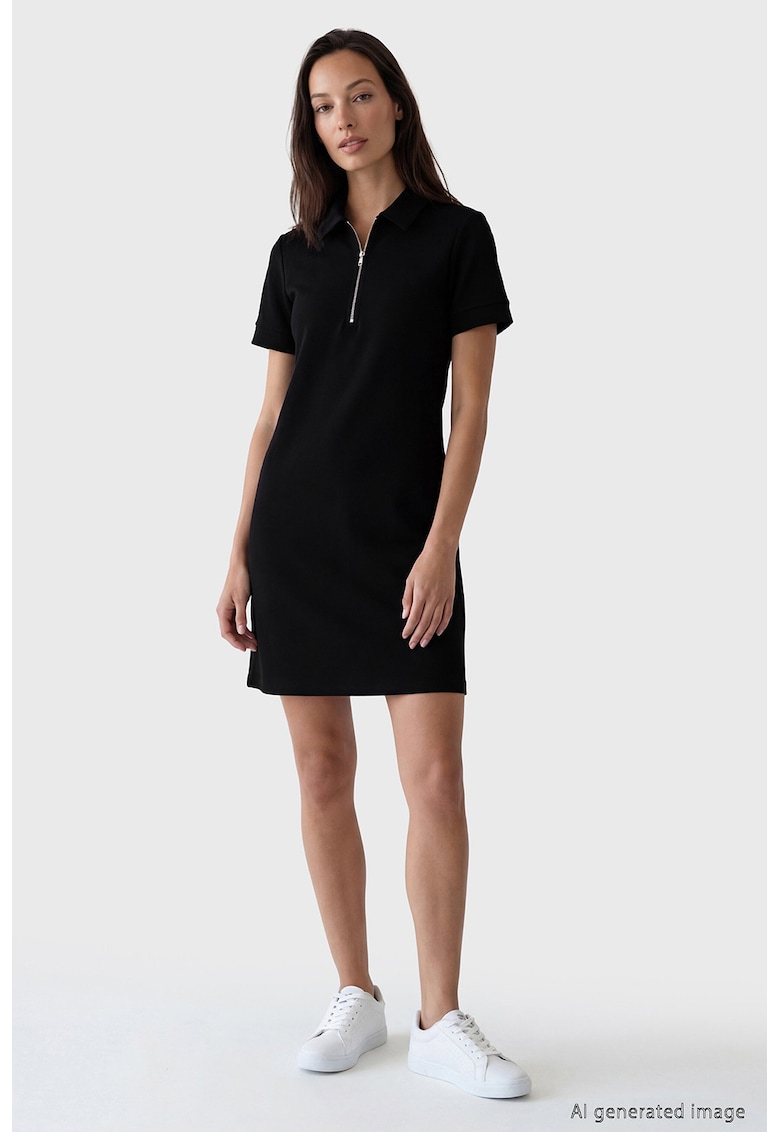 Rochie scurta cu guler polo si fenta cu fermoar - Negru