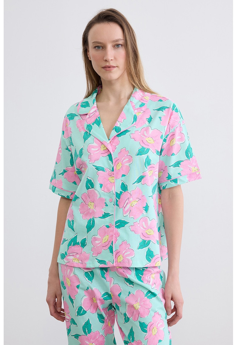 Pijama cu maneci scurte si imprimeu floral - Turcoaz/Roz