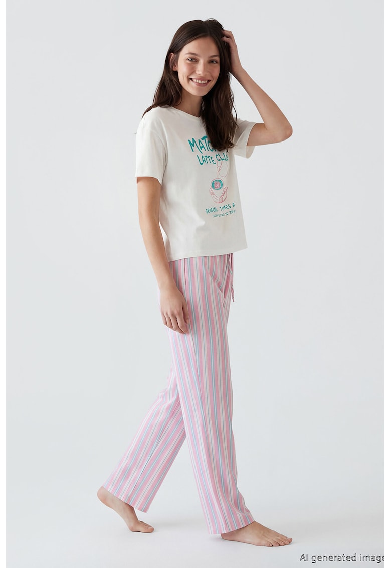 Pijama de bumbac cu maneci scurte - Alb/Verde aquamarin/Roz